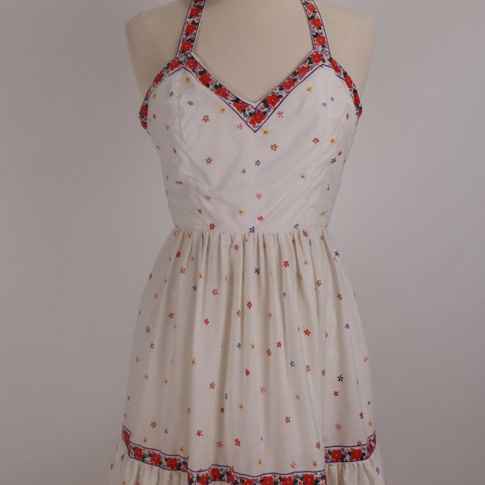 Vintage Victor Costa Prairie Boho Hippie Floral Holter Garden Party Dress XS